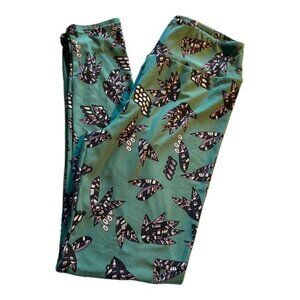 Lularoe Teal Abstract Feathers Buttery Soft Leggings One Size EUC/NC #2702